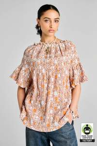 KAREN WALKER THEIA SMOCKED BLOUSE-PINK MULTI/WHITE