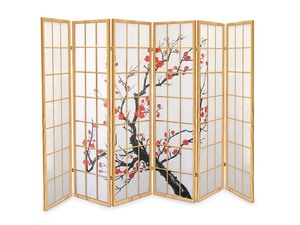 Room Divider: 6-Panel Room Divider with Flower Pattern - Natural Wood