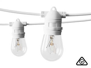 Festoon Lights: White Fixed Socket Festoon Lights with Tungsten Bulbs - 22 m