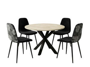 Elsie Round Dining Table - 110 cm & Axis Dining Chair with Fern Pattern - Set of 4 (Combo)