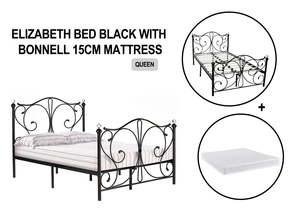 DS Elizabeth Black Bed with Bonnell Mattress Combo - Queen