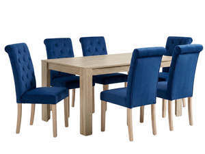Skog Range: Skog Wooden Dining Table - 160 cm & Natalie Linen Dining Chair Blue x6