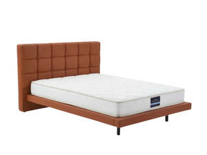 Zyber Test Discounted: Kalyn PU Bed Frame Orange & PIL20 Mattress with Pillows - Queen