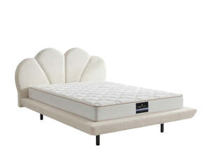 Zyber Test Discounted: Joleen Boucle Bed Frame Cream & PIL20 Mattress with Pillows - Queen