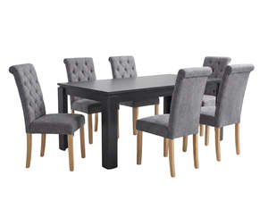All: Manhattan Dining Table - 180 cm & Grey Fabric Dining Chair with Wood Legs x6