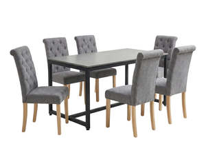 Grey Marble Look Dining Table - 160 cm & Grey Fabric Dining Chair with Wood Legs x6