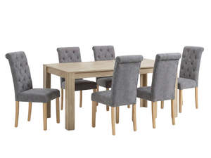 Skog Wooden Dining Table - 160 cm & Grey Fabric Dining Chair with Wood Legs x6