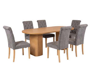 All: Bojd Wooden Dining Table - 180 cm & Grey Fabric Dining Chair with Wood Legs x6