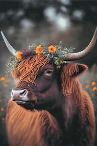 Highland Cow with Flowers - Canvas