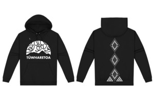 Products: Whenua Black Hoodie – Kowhaiwhai / Tuara