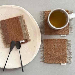 Homewares: Loom Studio. Toffee Wool + Linen Stripe Woven Set of 2