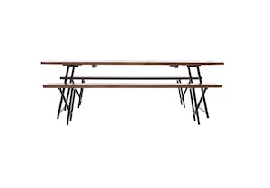 DARK WOODEN RECTANGLE TABLE AND BENCH SEATS - Event Hire - Twelve Tables