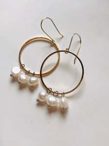 Pearl Earrings 1: Tri Pearl Gold Hoop Earrings