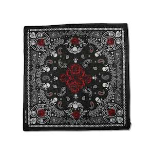 Bandanas: Black Skull Bandana with Red Roses