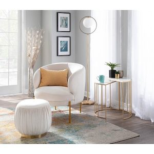 Armchairs: Occasional Arm Chair with Ottoman - Cream(White) Velvet