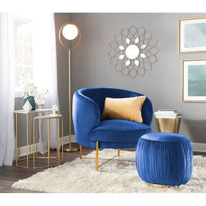 Armchairs: Occasional Arm Chair with Ottoman - Navy Blue Velvet