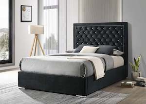 Bed Base: Ancona Headboard and Bed Frame - Queen Size -  BLACK Velvet WITH CRYSTAL