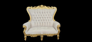 Throne Sofa (King/Queen 2 seater Sofa) - Mahogany Wood - Beige/Cream Velvet
