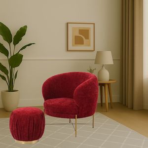 Armchairs: Occasional Arm Chair with Ottoman -Red Fabric