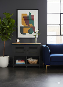 Living Zone: Dark Wood Storage Cabinet with Natural Top – Double Door & Open Shelf