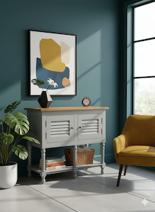 Living Zone: Classic Grey Storage Cabinet with Natural Wood Top