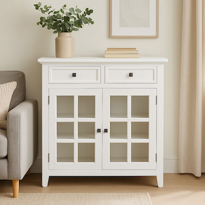 Console Hall Tables: White Wooden Storage Cabinet with Glass Doors
