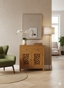 Console Hall Tables: Solid Wood Cabinet with Intricate Carved Doors - Natural Wax Finish