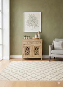 Console Hall Tables: Handcrafted Solid Wood Cabinet with Intricate Carved Doors - Natural Finish