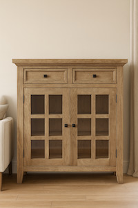 Console Hall Tables: Rustic Wooden Storage Cabinet with Glass Doors