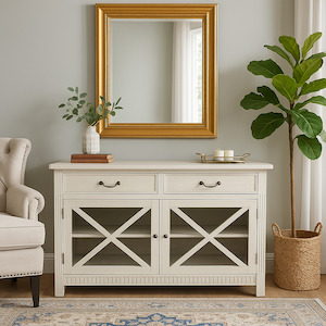 Buffets Side Tables: Farmhouse Chic Sideboard Buffet – Whitewashed Finish