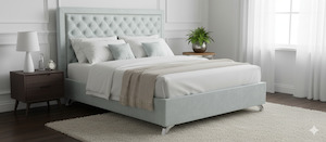 Headboards: Ancona Buttoned Queen Headboard - Ash White Velvet (Sky Blue Shade)