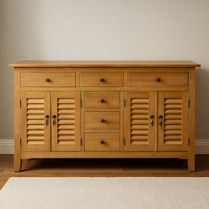 Console Hall Tables: Louver Buffet Cabinet – Natural Finish - Mindi Wood