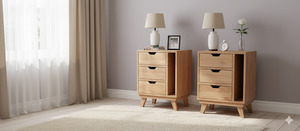 Magazine Rack Bedside Cabinet Pair - Solid Mindi Wood - Natural Finish