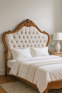 Headboards: French Pattern Headboard - Mahogany Wood - King&Queen Size - Light Cream Velvet