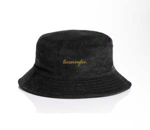 Headwear Accessories: Black Cord Script Logo Bucket Hat