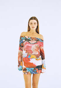 Lottie Hall: Lottie Hall Wave Off Shoulder Top Butterfly Wave Red