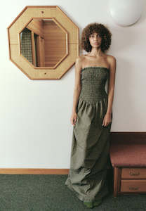 Après Studio Pine Check Ruched Strapless Maxi