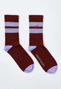 Damson Madder Calf Length Socks Burgundy & Lilac Stripe