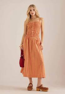 Damson Madder Grace Strappy Midi Dress Orange Margot Gingham