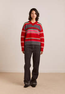 Full Price Clothing: Damson Madder Rene Merino Wool V Jumper Pink/Red Stripe