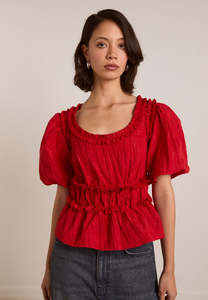 New: Damson Madder Everly Ruffle Blouse Red Tafetta