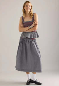 New: Damson Madder Layla Godet Midi Skirt Black & White Gingham