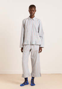 Damson Madder: Damson Madder Frill Florie PJ Set Blue/Burg Stripe