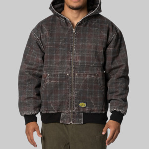 Distressed Plaid Ko Work Jacket - Black/Maroon Brown