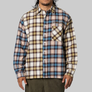 Tops: Colour Block Flannel Shirt - Yellow
