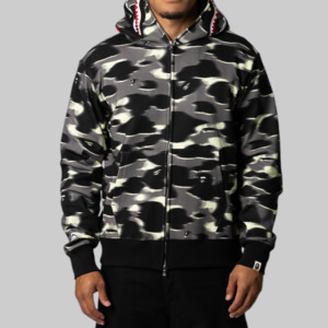 Screen Camo Shark Relaxed Fit Full Zip Hoodie - Black