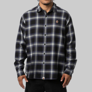 A Bathing Ape%C2%AE: One Point Ombre Check Light Flannel Long Sleeve Shirt - Black