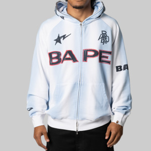 Hand Draw Football Shark Relaxed Fit Full Zip Hoodie - White