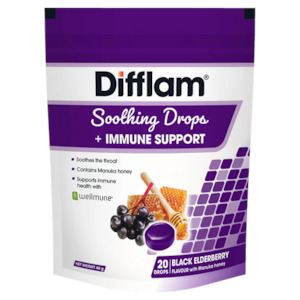 Cough Cold Throat: Difflam Soothing Throat Drops + Immune Support Black Elderberry Flavour 20 Drops