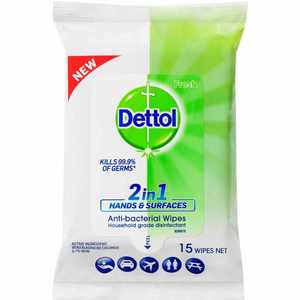 Dettol: Dettol 2 in 1 Hands and Surfaces Antibacterial Wipes 15pk